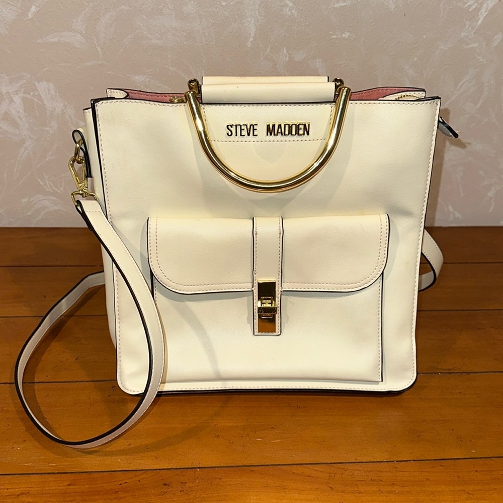 Steve Madden Cream Crossbody Bag Gold Metal Handle Satchel Purse